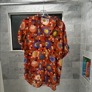 Cabi orange floral shirt women’s size medium v-neck cuffed sleeves
